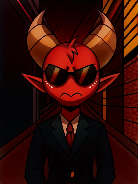 Imp wearing a black suit, and black and and black sunglasses, serious face, street background