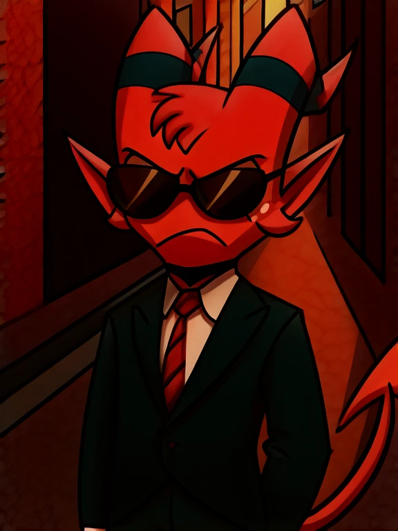 Imp wearing a black suit, and black and and black sunglasses, serious face, street background