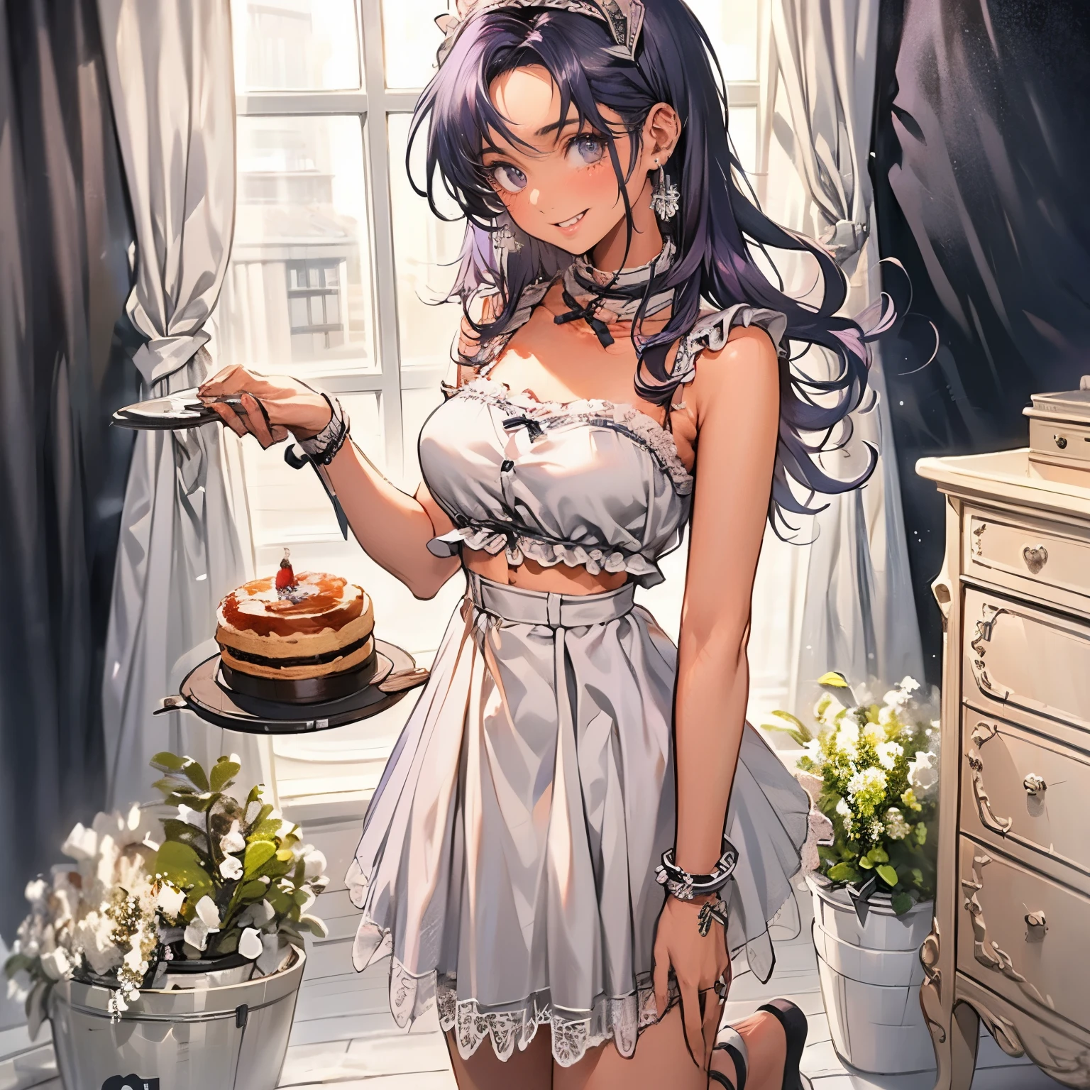 (masterpiece), best quality, 1girl, expressive eyes, perfect face, (purple hair), perfect anatomy, full body, 4k, HDR, full HD, alone, a maid cafe worker, wears a short maid outfit, she has a She has a shy smile and her cheeks are rosy, she is serving a plate with a slice of cake,