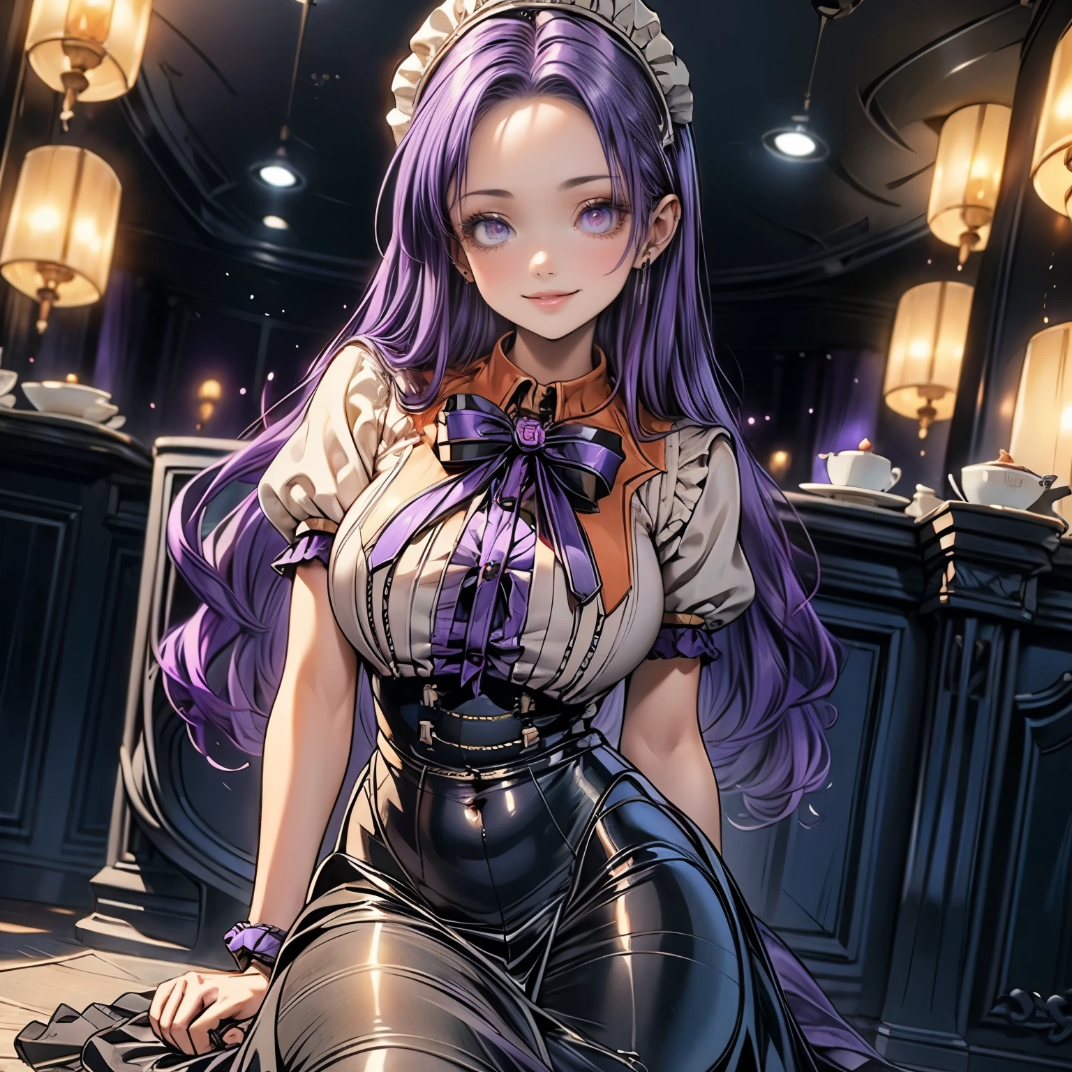 (masterpiece), best quality, 1girl, expressive eyes, perfect face, (purple hair), perfect anatomy, full body, 4k, HDR, full HD, alone, a maid cafe worker, wears a short maid outfit, she has a She has a shy smile and her cheeks are rosy, she is serving a plate with a slice of cake,