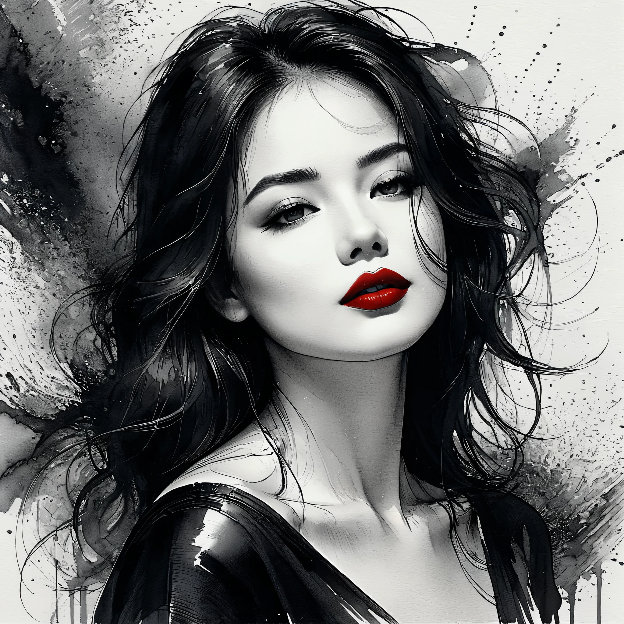 A close up of a woman with a red lipstick and a black and white ...