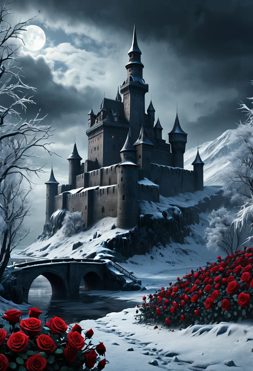  masterpiece, high quality, 8K Ultra HD, highly detailed, an evil fortress, winter, ice, roses, dark ambient environment, ominous| ((More_Detail)) 