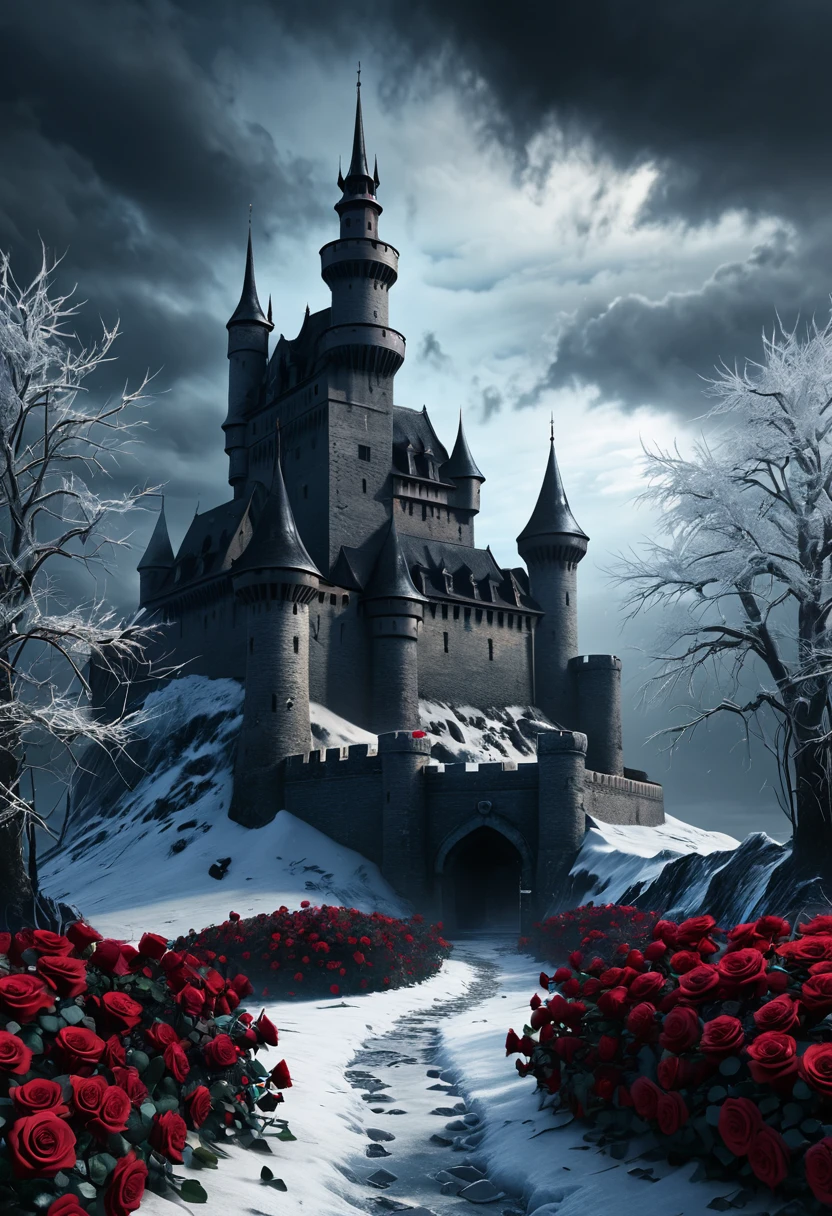  masterpiece, high quality, 8K Ultra HD, highly detailed, an evil fortress, winter, ice, roses, dark ambient environment, ominous| ((More_Detail)) 