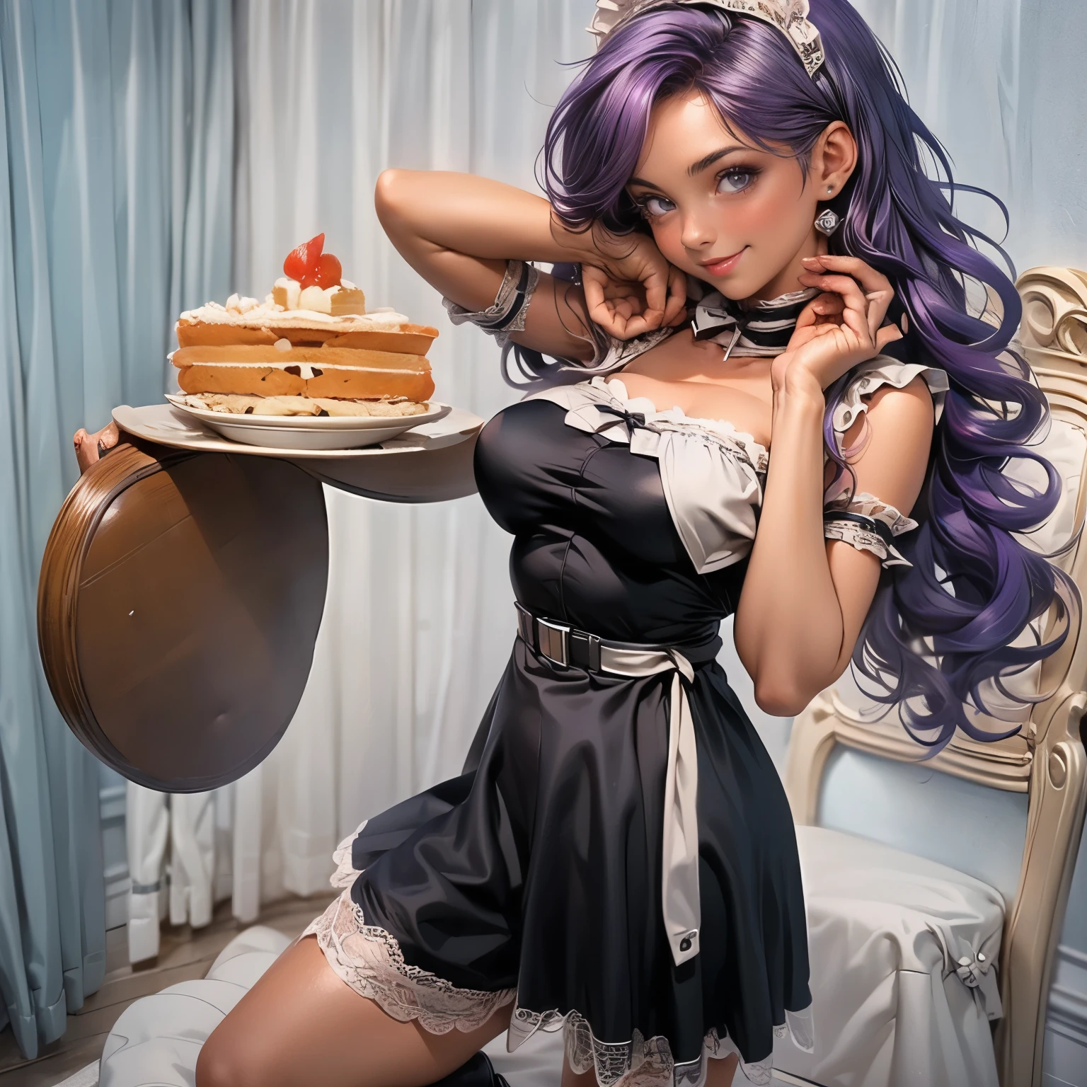 (masterpiece), best quality, 1girl, expressive eyes, perfect face, (purple hair), perfect anatomy, full body, 4k, HDR, full HD, alone, a maid cafe worker, wears a short maid outfit, she has a She has a shy smile and her cheeks are rosy, she is serving a plate with a slice of cake,