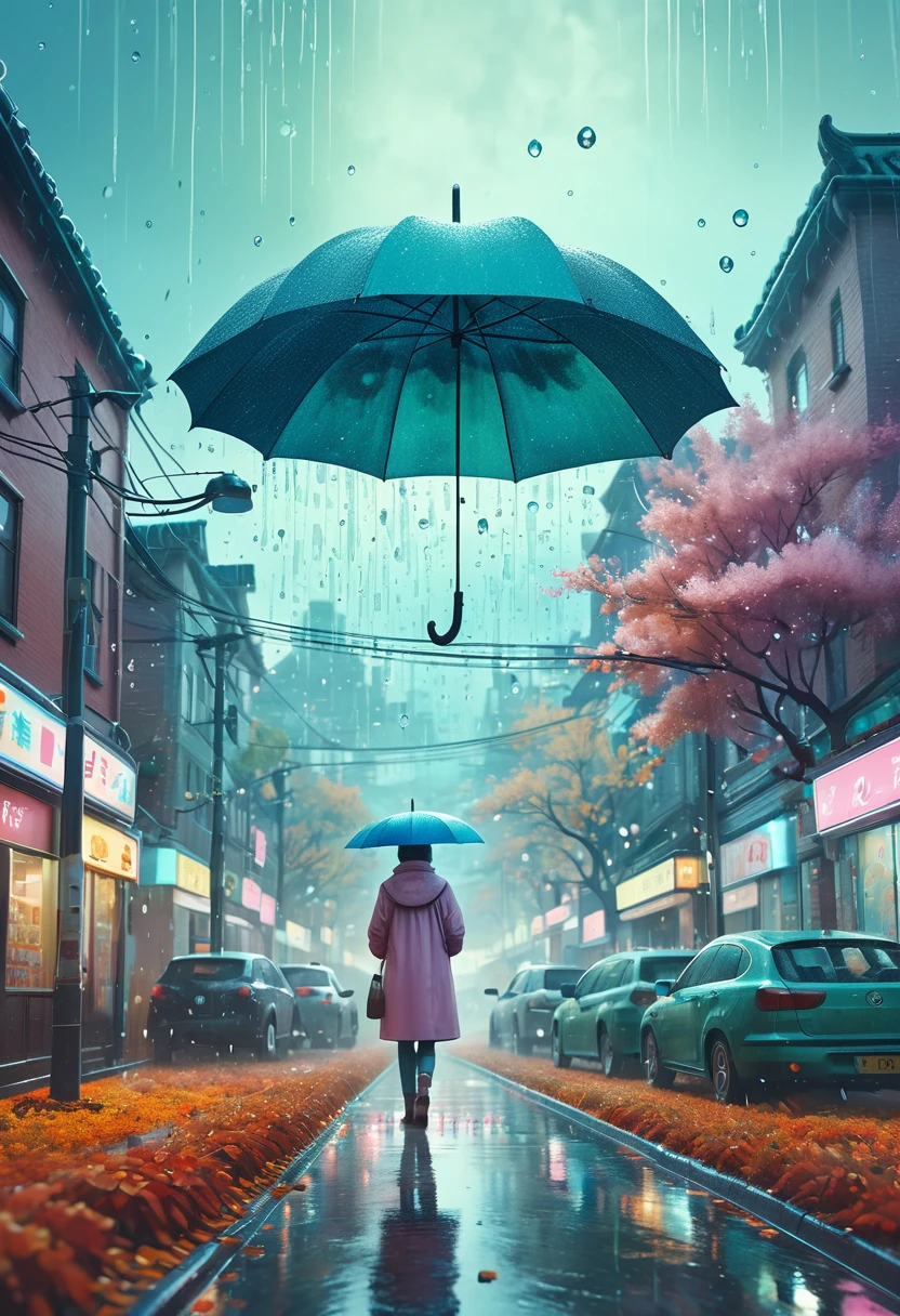  (Absurdres:1.2), exquisitely detailed aesthetic rainy day in Autmn, pastel tetradic colors, glimmer, bokeh, Watercolor, trending on artstation, sharp focus, studio photo, intricate details, highly detailed, by Beeple, illustration, perfect composition 