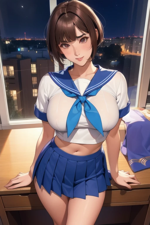 ((best quality)), ((masterpiece)), ((detailed)), (((perfect face))), (((slender 18yo teenage girl))), (((medium breasts))), ((((topless)))), (((dark blue pleated skirt))), ((dark brown hair)), ((short ponytail)), (((blue eyes))), ((shy:1.3)), ((blushing:1.5)), (((bare chest))), ((bare stomach)), ((bare shoulders)), (((bare arms))), (((standing))), ((((fancy café, windows))))