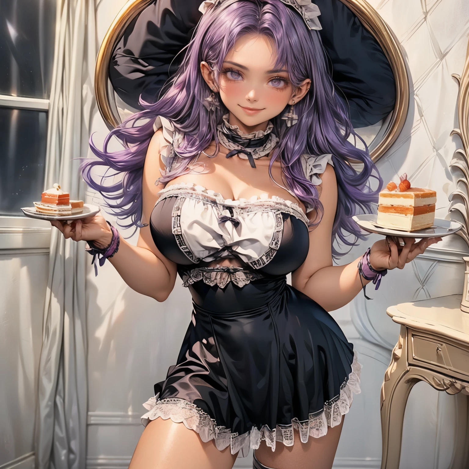 (masterpiece), best quality, 1girl, expressive eyes, perfect face, (purple hair), perfect anatomy, full body, 4k, HDR, full HD, alone, a maid cafe worker, wears a short maid outfit, she has a shy smile and blushing cheeks, she is serving a plate with a slice of cake,