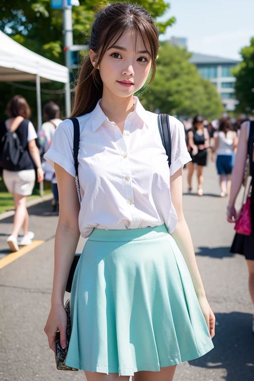 Yukana Yame, Yukana Yame, Long hair, Bangs, Blonde hair, hair between eye, (Green eyes:1.5), Ponytail, multicolored hair, Scrunchie, High Ponytail, lip stick, gals, Kogal, makeup,BREAK skirt, Shirt, Jewelry, School uniform, 鎖骨, White shirt, Pleated skirt, Collared shirt, Miniskirt, Bracelet, Green skirt,Naughty big、large full breasts、BREAK looking at viewer, Full body,BREAK (masutepiece:1.2), Best Quality, High resolution, Unity 8k壁纸, (Illustration:0.8), (Beautiful detailed eyes:1.6), extra detailed face, Perfect Lighting, extremely details CG, (Perfect hands, Perfect Anatomy),Smile with open mouth、Stand on the escalator, (By up escalator), (lower body shot), Thigh Focus, (taken from the under:1.3), (view from back:1.3)、 (Red panties:1.3)、(Skirt that rolls up:1.3)、(Fully exposed panties:1.5),,plein air、outside of house、