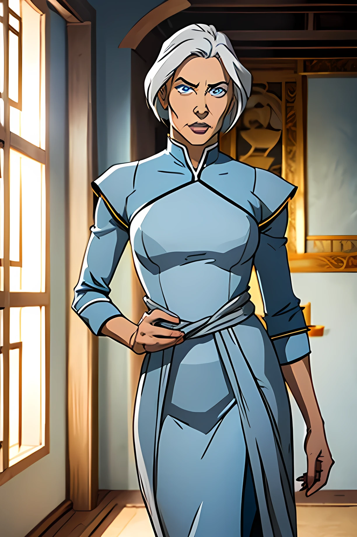 ((ultra quality)), ((masterpiece)), Kya, Avatar: The Legend of Korra character, ((medium length light gray white hair in a slightly loose stylish hairstyle)), (beautiful face), (beautiful female lips), (), charming, (light blue long short sleeve evening dress), ((firm facial expression)), look at the camera, (medium skin color), (brown skin), ((detailed eyes)), ((light blue eyes)), (thick female lips),(Dark eyeliner), (beautiful female hands), ((ideal female figure)), thin waist, medium breasts, hands on waist, Mature woman,