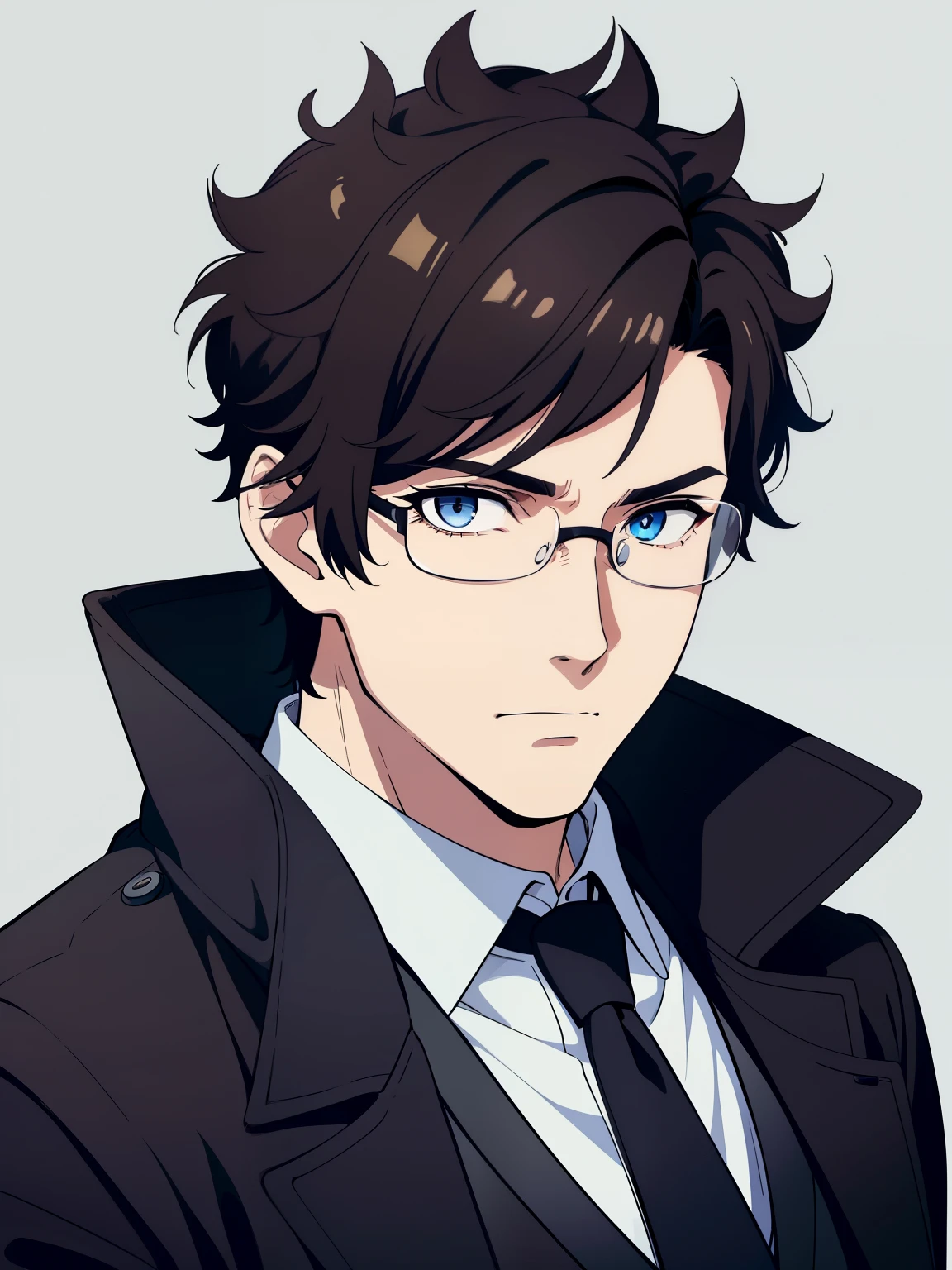 (high-quality, breathtaking),(expressive eyes, perfect face) portrait, 1boy, male, solo, adult man, Symmetrical Eyes, age late 30's, black brown hair, light blue eyes, short hair length, spiky curly hair, stylized hairstyle, glasses, looking at viewer, portrait, neutral expression, black trench coat, white shirt, black vest, belt, black pants, grey background, coat on shoulders, jacket on shoulders
