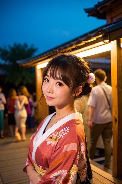 ((Best Quality)), ((masterpiece)), (detailed), Real, One Japanese girl, summer, night, yukata, university student, Blonde, Half Up, Festivals, Wave,