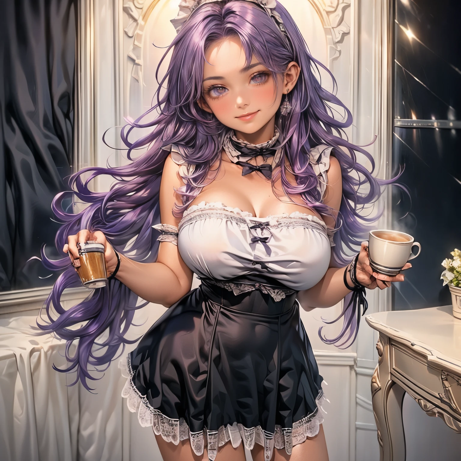 (masterpiece), best quality, 1girl, expressive eyes, perfect face, (purple hair), perfect anatomy, full body, 4k, HDR, full HD, alone, a maid cafe worker, wears a short maid outfit, she has a shy smile and blushing cheeks, he is pouring a cup of coffee