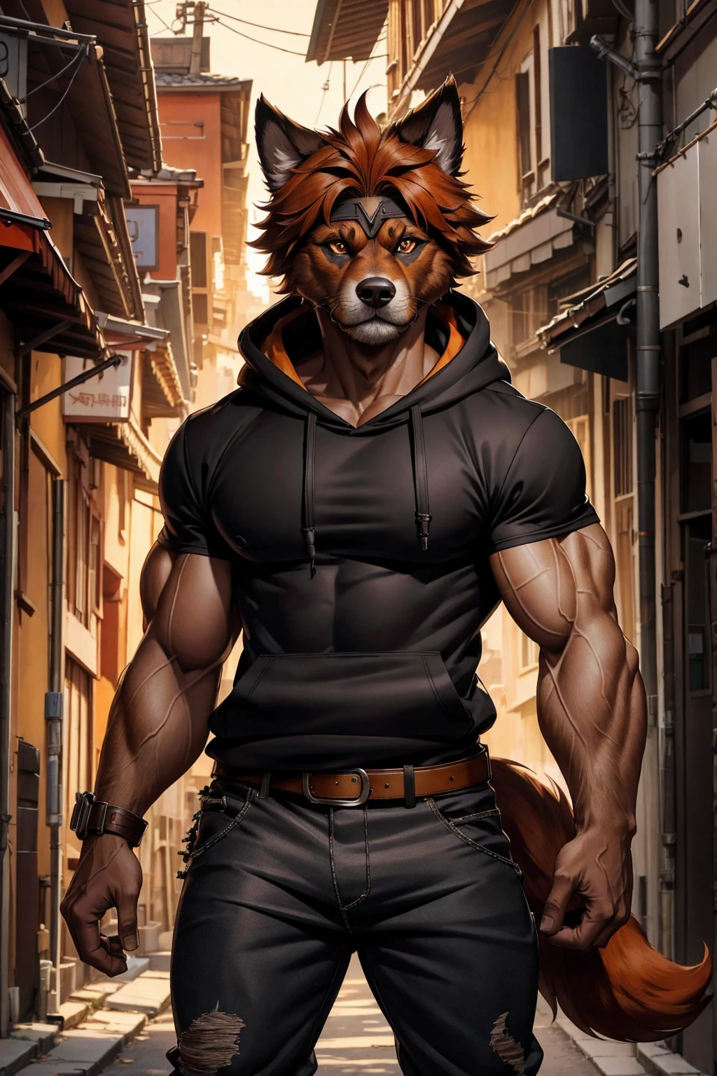 copperrtf, masterpiece, best quality, absurd res, by kiyosan, by null-ghost, furry, dog, male, muscular, solo, hoodie, pants, black pupils, black eyes, thick eyebrows, orange fur, brown fur, (scar on eye:0.9), looking at viewer, detailed fur, fluffy, tail, detailed background, alley,