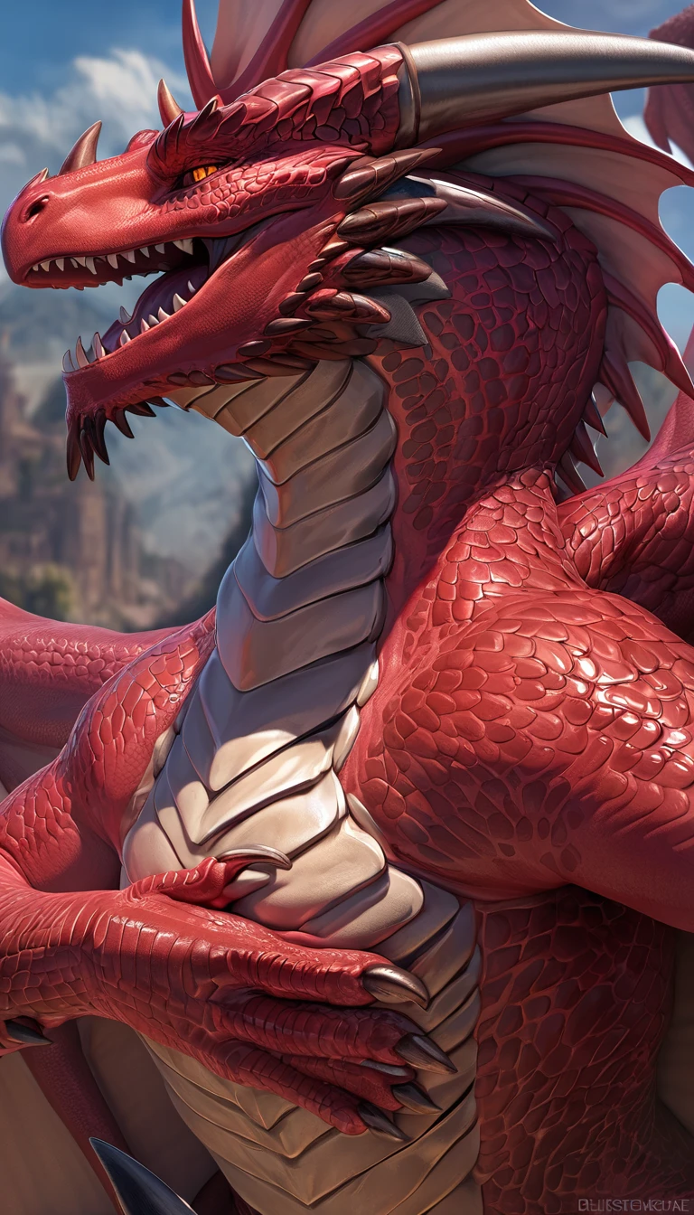 (Masterpiece,hyperdetailed,bestquality), a sexy handsome red dragon, professional artwork, masterful technique, 8k resolution,