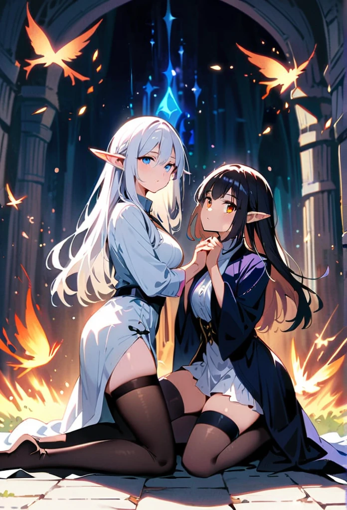 Dark Elf, 2girls, pointy ears, thighhighs, long hair, kneeling, black hair, looking at viewer, white hair, magic movie scene，fantasy，magic