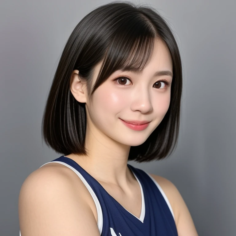 (kawaii 24 year-old volleyball player, Japanese girl, Nogizaka idol, Korean idol), healthy female athlete body, (glossy black hair, very short hair, pixie cut, bangs:1.3), (rounded face, beautiful black eyes, single eyelid, no makeup:1.2), (feel at home, relaxed smile, looking at camera:1.3), (wearing sleeveless volleyball jersey:1.3), well shaped extra small breasts, BREAK, (plain white background:1.3), (dynamic angle, bust shot, upper body shot:1.3), BREAK, (masterpiece, best quality, photo realistic, official art:1.4), (UHD, 8K quality wallpaper, high resolution, raw photo, golden ratio:1.3), (shiny skin), professional lighting, physically based rendering, award winning, (highly detailed skin, extremely detailed face and eyes, anatomically correct body parts), Carl Zeiss 85 mm F/1.4, depth of field, 1girl, solo,