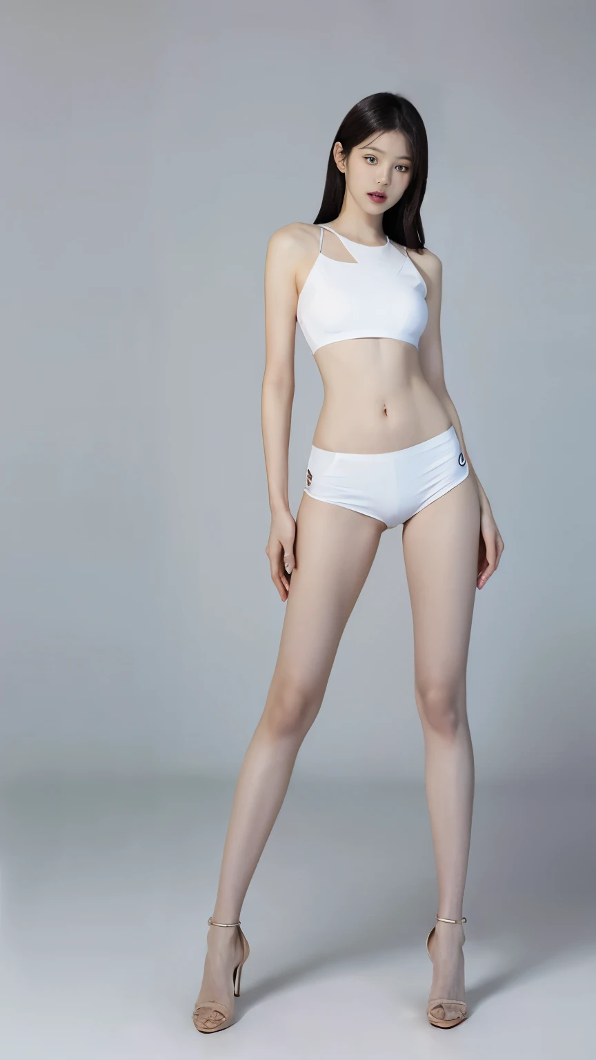 Feide girl wearing white top and tiny thong,posture, Photos of slim girls model, Fits the delicate figure, thin waist, thin waist粗臀, attractive body, beautiful belly, Cropped tops, Perfect body, small thong pants, powerful thighs, exposed abdomen, Photos of slim girls