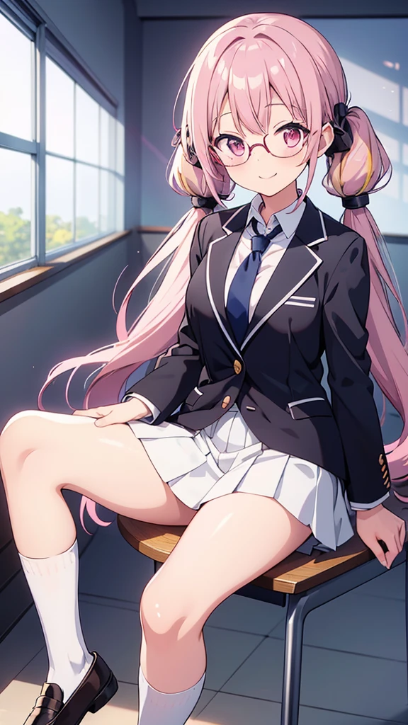(highest quality), (masterpiece), Photographed directly from the front, turn your body towards you, pink hair, long hair, pink light blue panties, kind gal, put your elbows on the desk, sit on a chair, There is a desk in front of her, blazer, troubled face, classroom, black uniform, black skirt