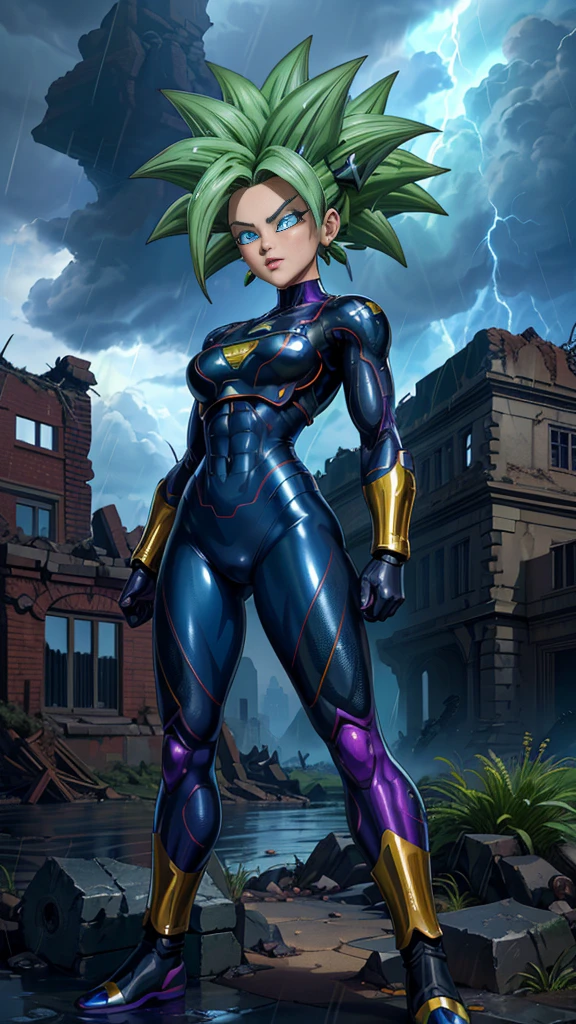  (THE ,high resolution,Ultra Detailed,Practical),Kevlar [Dragon Ball Super),(Green full hair :1.4) ,(Abdominal muscles,Fitness 1.3) ,Red cropped top,Pink and purple leggings (Future Fighting Suit/shackles:1.4),,(Cyberpunk ruins background of ruins dungeon :1.4 ), More detailed 8K.The motor is not real:1.4,Ultra HD,THE :1.4, Realistic:1.4, Skin texture:1.4, masterpiece:1.8,First Job, ,Object Object], (Delicate facial features:1.3),(Correct proportions),(Beautiful blue eyes:1.4 ),  (Dynamic cowboy pose), (Kevlar Dragon Ball Super:1.4), (Perfect anatomical structure :1.4),( movie lighting :1.4), (Kevlar Dragon Ball Super V2.1),( Background with thunderstorm and rain clouds :1.4), (Facial details: 1.5, Bright blue eyes, Beautiful face, Beautiful eyes, Iris outline, Thin lips: 1.5, Thin, Light eyebrows, Long, Black eyelashes, Double label),