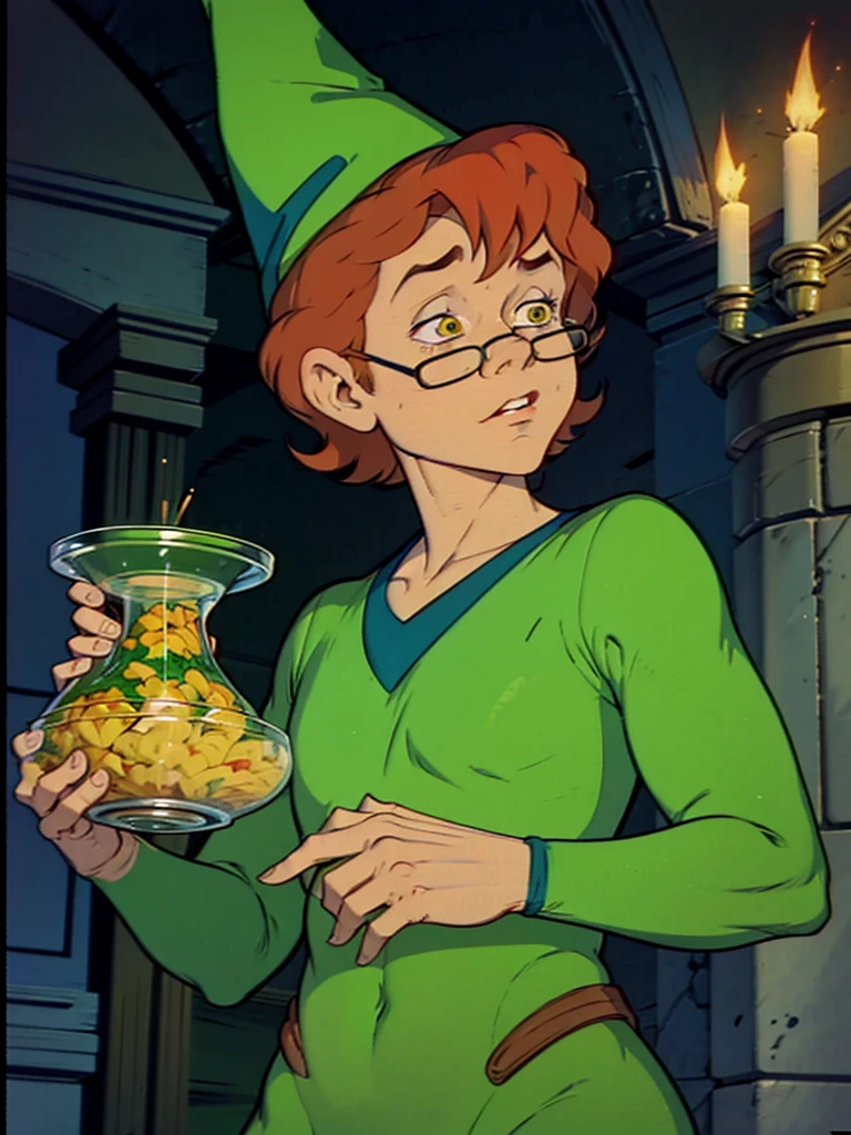 a redhead cartoon character dressed in a green leotard, very muscular,  male wizard, ((Wearing a wizard hat and glasses)), 1980s cartoon, animated episode still, Presto (((mad)))