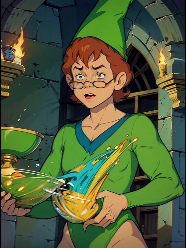 a redhead cartoon character dressed in a green leotard, very muscular,  male wizard, ((Wearing a wizard hat and glasses)), 1980s cartoon, animated episode still, Presto (((mad)))