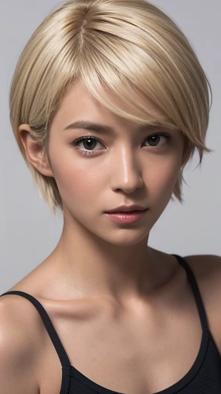 20 years old、woman、university student、(Casual Fashion), Blonde very short hair、Eye color is brown、Looking into the camera、Model、Cool look、Harsh eyes、Intimidating、Narrow eyes、Perfect Style、High image quality、High resolution、High resolution, masterpiece, Anatomically correct, Ultra high definition, Textured skin, Detective Agency、solo, 