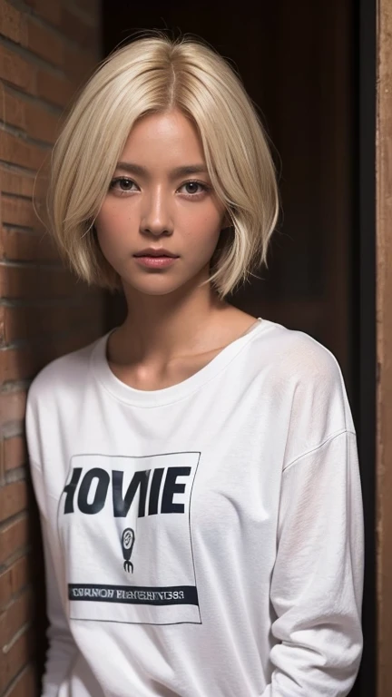 20 years old、woman、university student、(Casual Fashion), Blonde very short hair、Eye color is brown、Looking into the camera、Model、Cool look、Harsh eyes、Intimidating、Narrow eyes、Perfect Style、High image quality、High resolution、High resolution, masterpiece, Anatomically correct, Ultra high definition, Textured skin, Detective Agency、solo, 