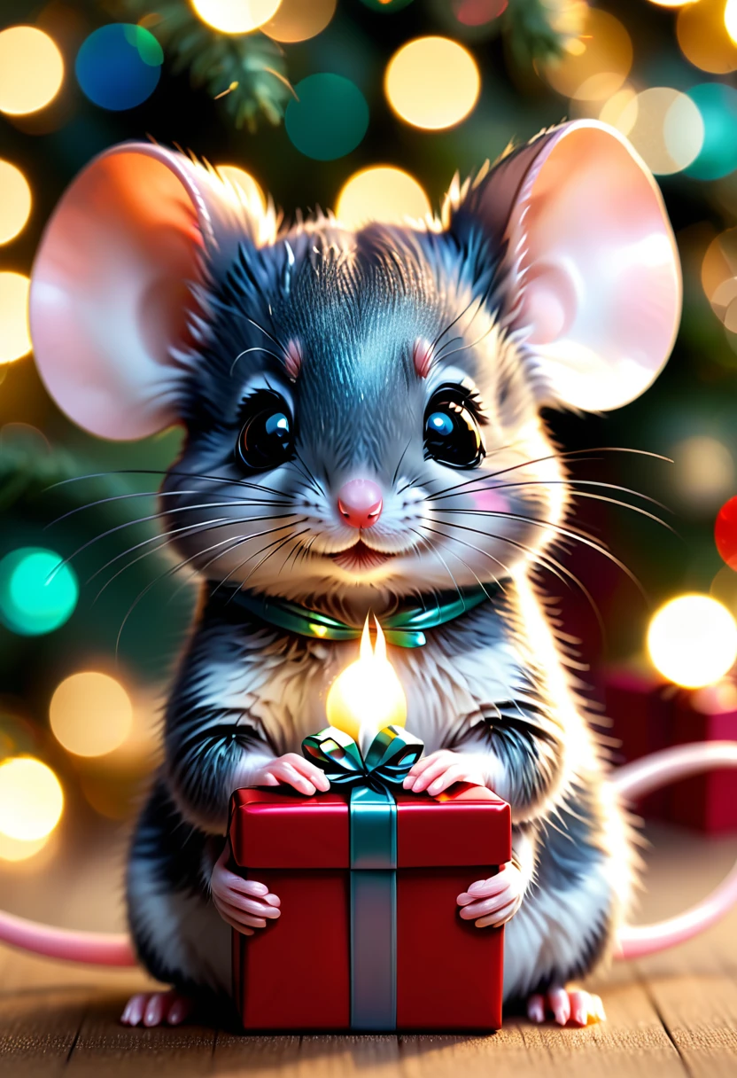 ultra detailed cute mouse holding a Christmas gift, shimmer, bokeh