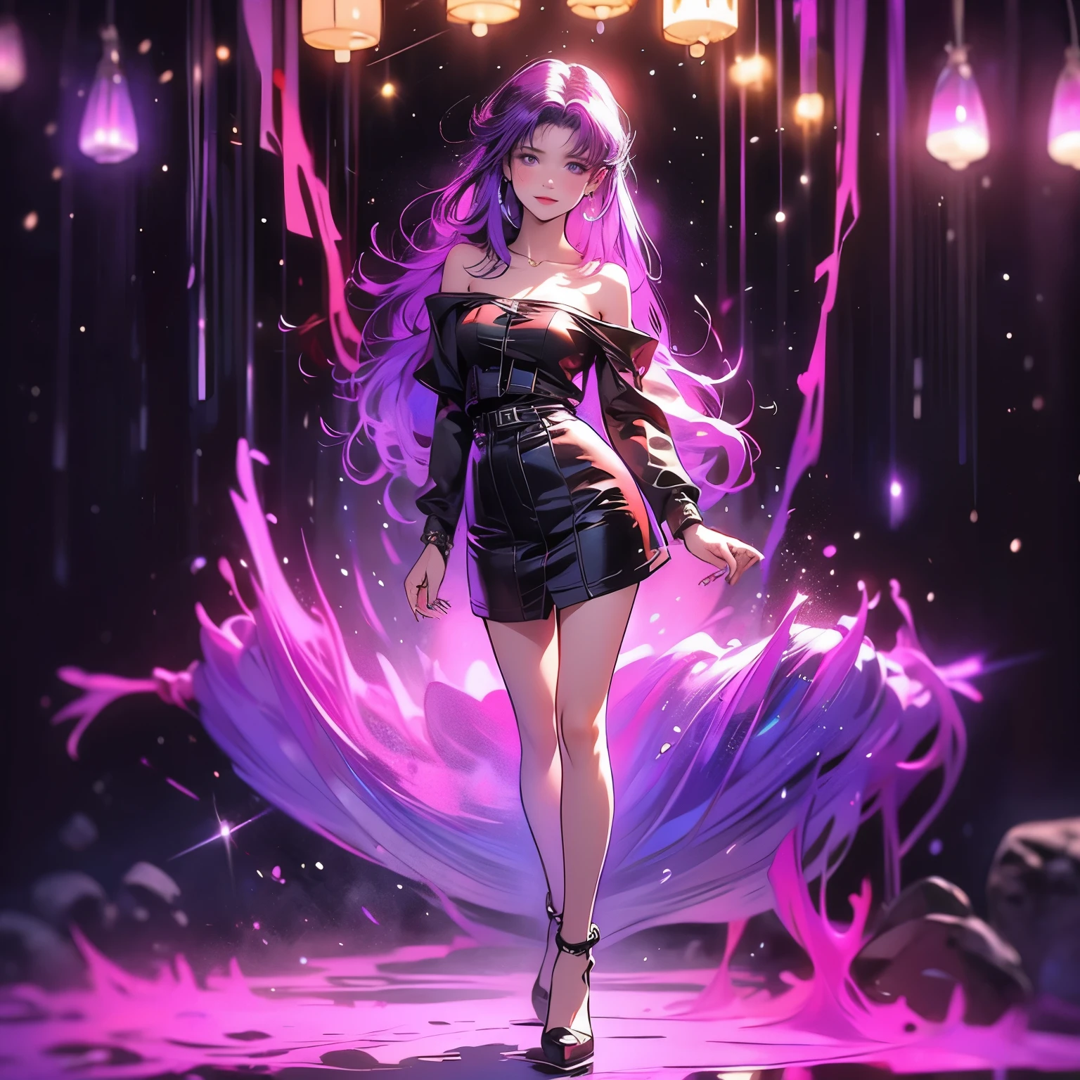 misato katsuragi, long hair, purple hair, (masterpiece), best quality, 1girl, expressive eyes, perfect face, (purple hair), perfect anatomy, full body, 4k, HDR, full HD, solo, short dress, short skirt, V-neck, off-the-shoulder, sleeveless the dress, she wears white stockings,