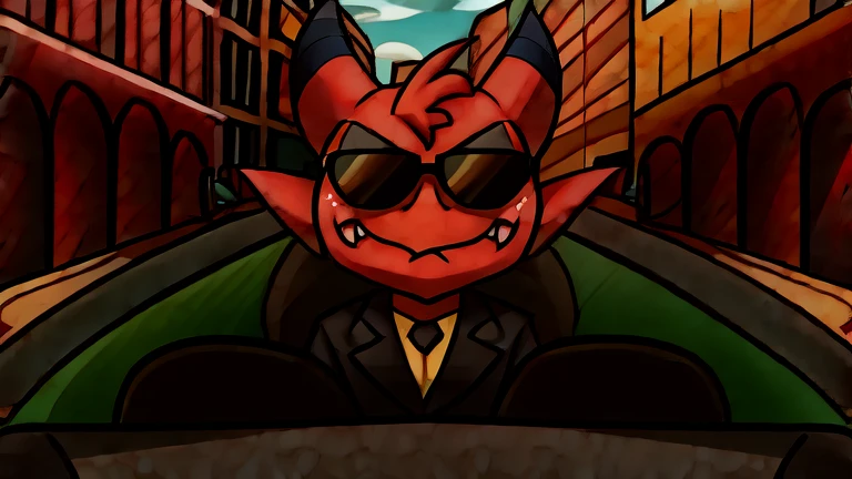 Imp wearing a black suit, and black and and black sunglasses, serious face, driving a car, street background