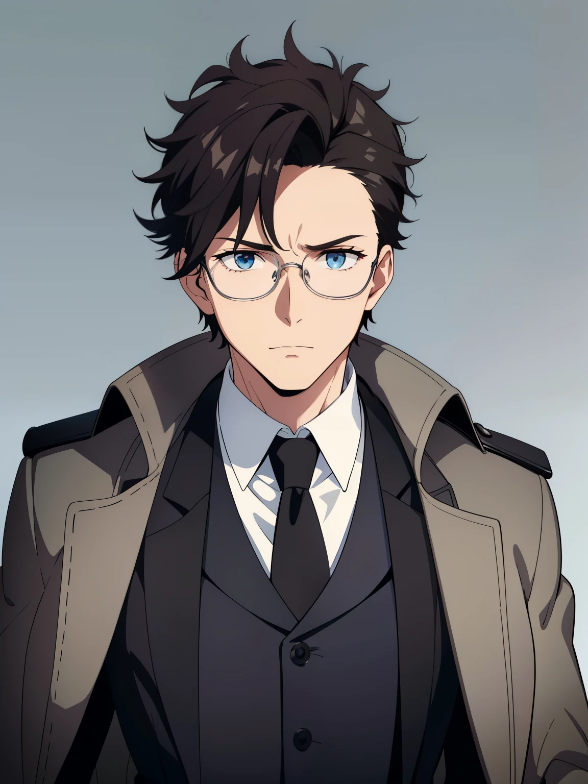 (high-quality, breathtaking),(expressive eyes, perfect face) portrait, 1boy, male, solo, adult man, Symmetrical Eyes, age late 30's, black brown hair, light blue eyes, short hair length, spiky curly hair, stylized hairstyle, glasses, looking at viewer, portrait, neutral expression, black trench coat, white shirt, black vest, belt, black pants, grey background, coat on shoulders, jacket on shoulders, sldner build