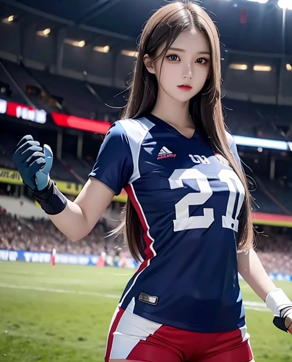 Woman with long hair straight, football jersey 70 in shirt, high detailed, realistic, ultra realistic, villain, football skin t shirt and ((football short pant)), blue football skin shirt, hand gloves goal kick ,as goal keeper ((red eyes))