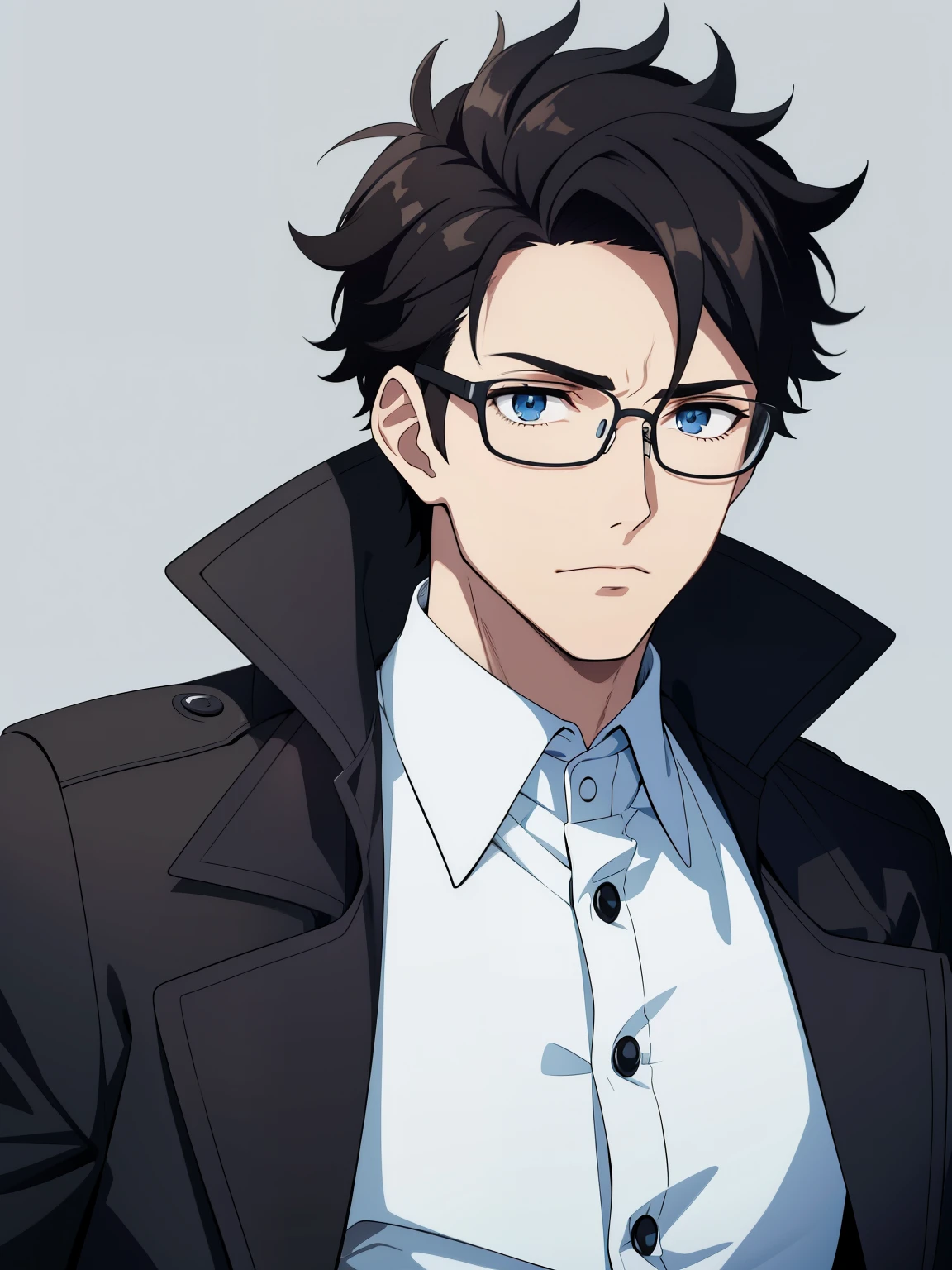 (high-quality, breathtaking),(expressive eyes, perfect face) portrait, 1boy, male, solo, adult man, Symmetrical Eyes, age late 30's, black brown hair, light blue eyes, short hair length, spiky curly hair, stylized hairstyle, glasses, looking at viewer, portrait, neutral expression, black trench coat, white shirt, black vest, belt, black pants, grey background, coat on shoulders, jacket on shoulders, slender build