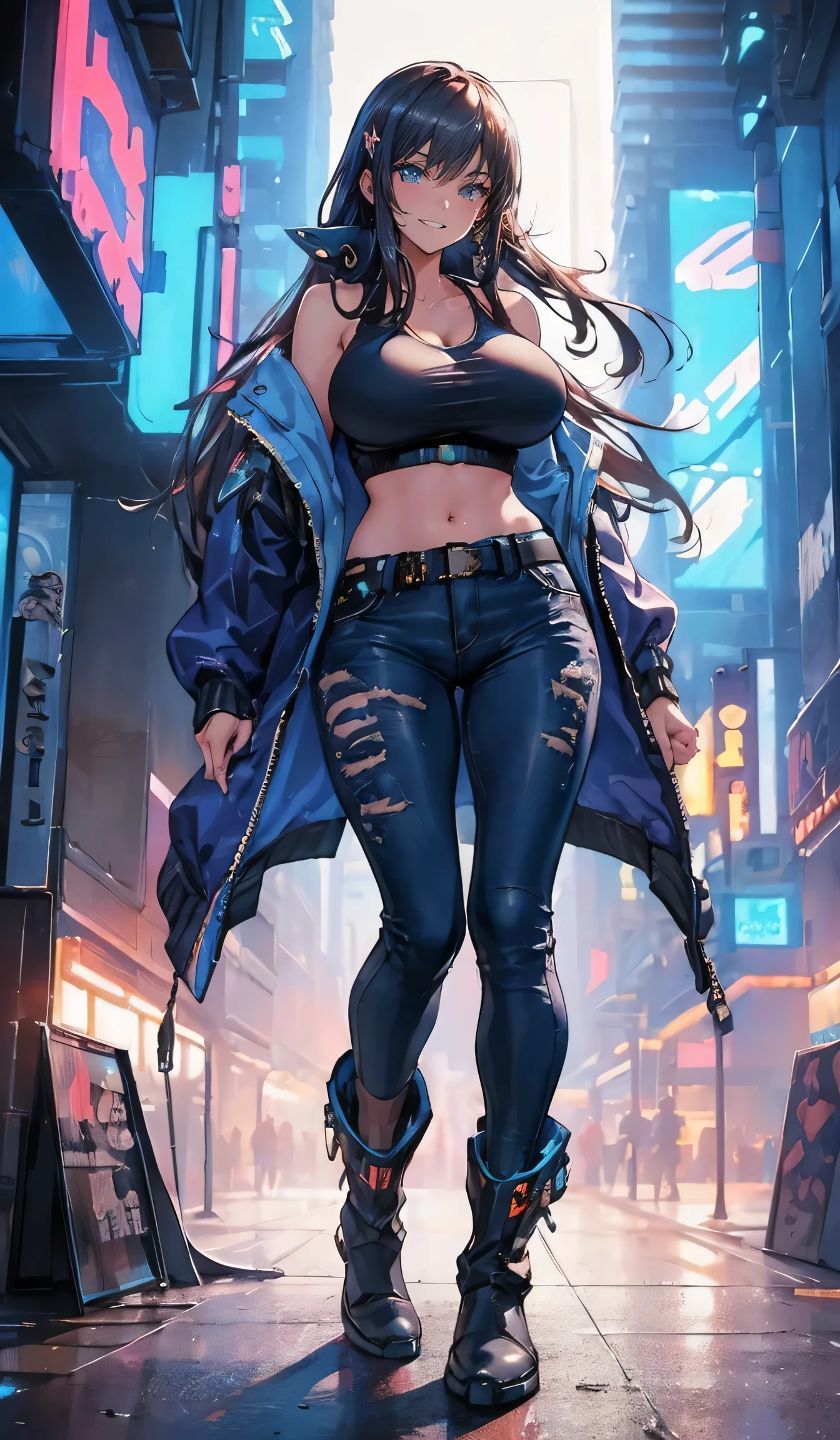 ((Big Breasts,cyberpunk,Navy blue jacket,Tank tops)),beautiful, masterpiece, Best Quality,Beauty, Look at the viewers,smile,boots,Smiling,Facing forward,neon lights,Denim pants