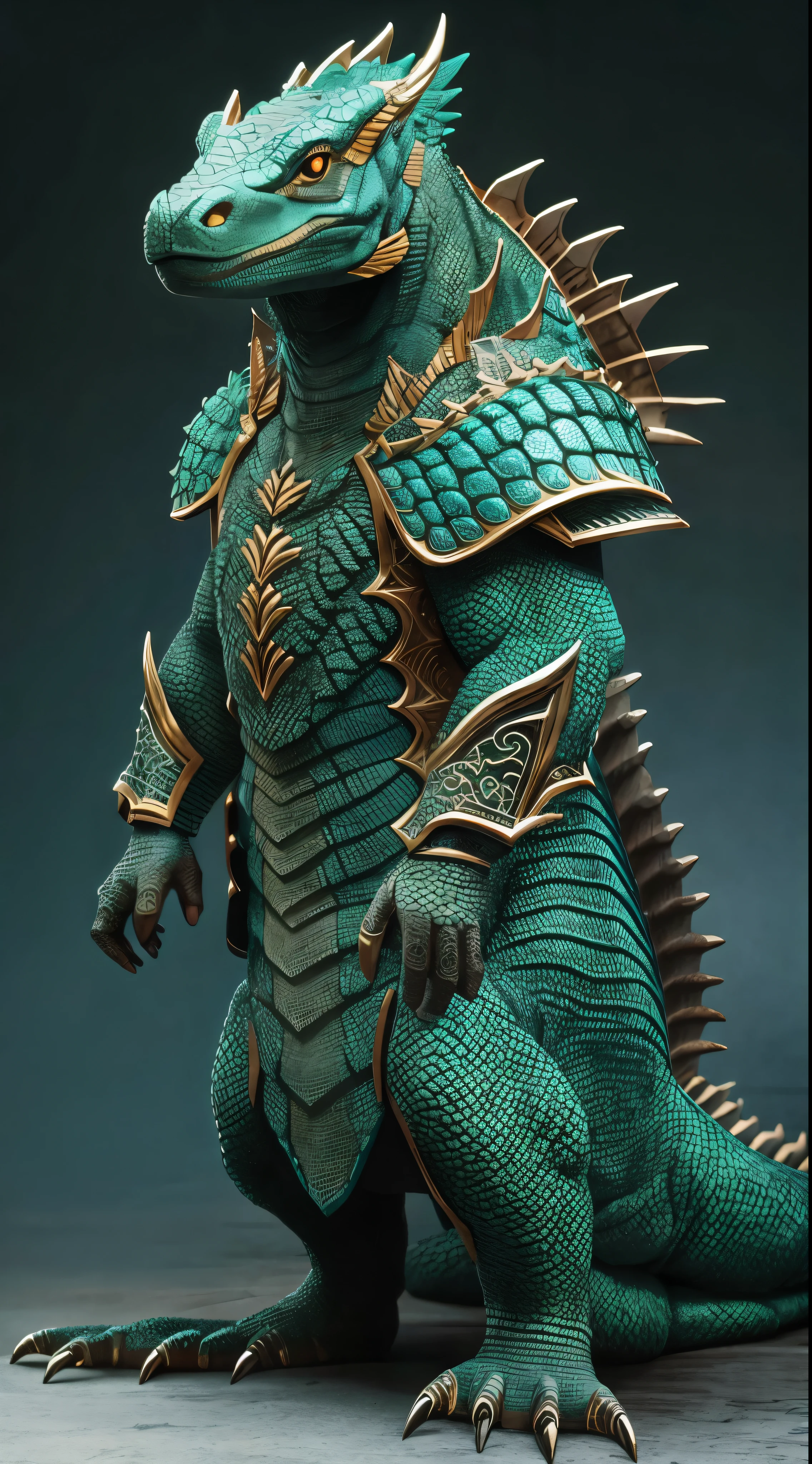 High-definition images_SF Komodo Dragon King. Show your whole body. The skin color is blue-green. Has horns on its head. Armor with Intricate details. Rich texture of scales. Professional studio photography. Ultra-realistic, Intricate details、In the dense forest。