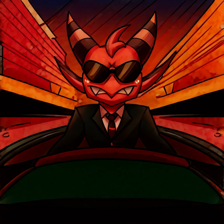 Imp wearing a black suit, and black and and black sunglasses, serious face, driving a car, street background