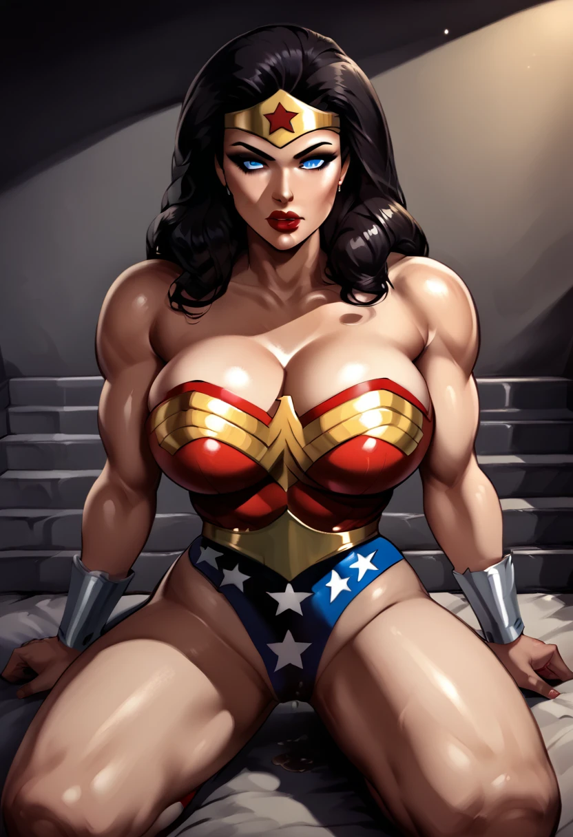 Wonder Woman,  by princess diana comics , black hair , stairs , red lipstick , superheroine , the fall of a heroine , mind controlled by you,  your body surrendered to your control , empty eyes expressionless,  kneeling taking off her armor , tall woman , big breasts , stares at you , sex domination giving you a blowjob sucking your penis