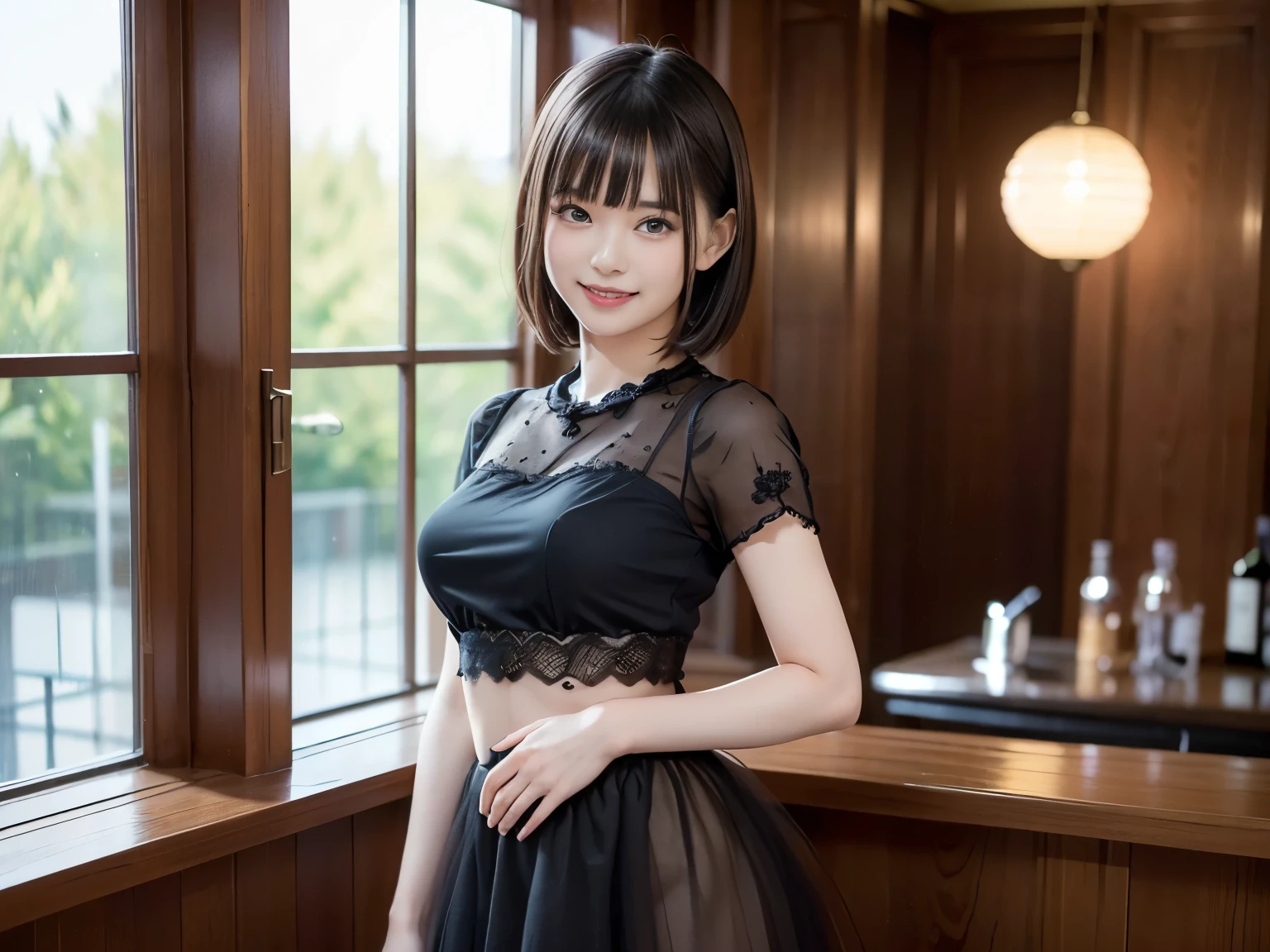 A beautiful Japanese shy girl, age 18 years old, short brown hair, brown big eyes, shiny lip, shiny hair, ecstatic expression, wearing off shoulder front button black one piece clothes with black mini skirt, she is standing pose, The background is very blurry, wearing block high heels, A photo showing the whole body, in front of huge window, wearing neckless,