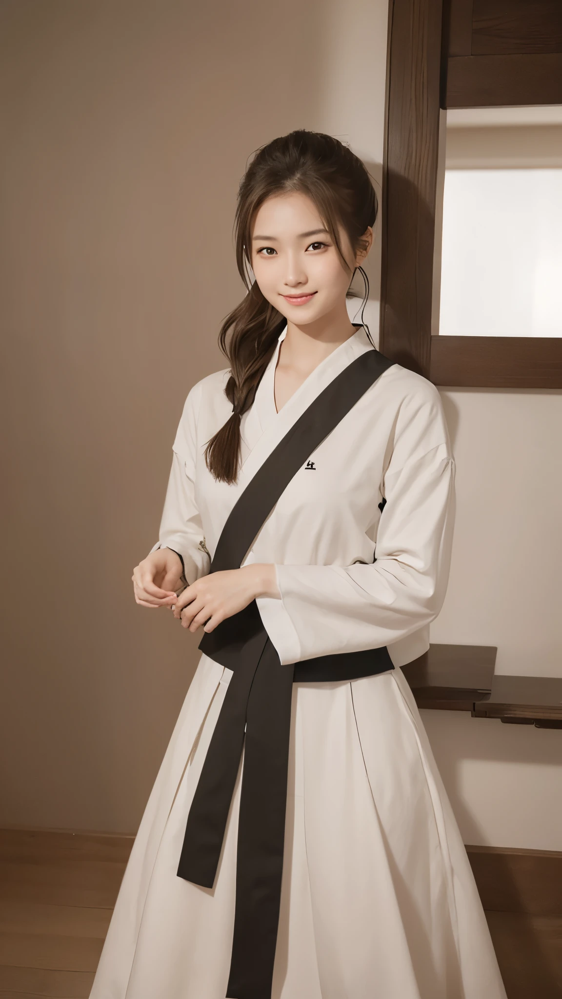photograph(8k), Optimal lighting for cinema, Full body image, 日本の18歳の若い美しい女性のphotograph, (White kendo uniform, White kettle), Stretch your arms forward and backward, Slender and long legs, Perfect Face, Large dark brown eyes, smile, ponytail, View your viewers, Perfect Face, Dark brown hair, ponytail, (Model's body type), 東京photograph, (8k), Best Quality, Full body image, Stand with sword,
