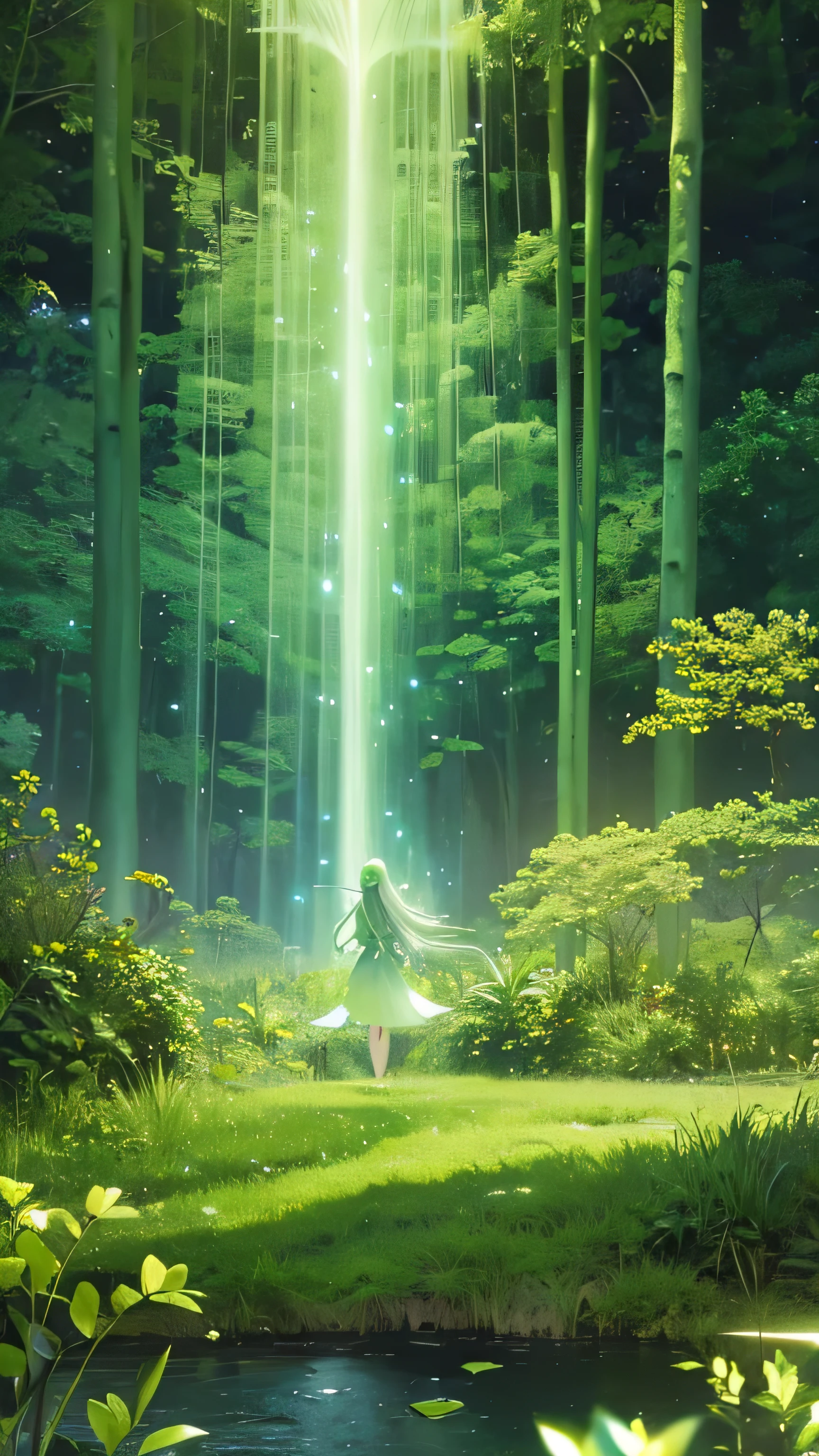 "A viral anime nature wallpaper in 4K quality, in the style of digital illustration inspired by Yoshitaka Amano. The scene shows a mystical forest, where a beautiful river flows gently through the trees. The forest is illuminated by bioluminescent plants, with soft glowing greens dominating the palette, casting a magical light over the entire scene. Ethereal creatures, like glowing butterflies, floating spirits, and mystical animals, wander through the trees, adding to the enchanting atmosphere. In the background, an elegant elf with long, flowing green hair is quietly gathering glowing, green-tinted flowers, her movements graceful and in harmony with the environment.

The forest is dense and mysterious, filled with vibrant shades of green—from the moss-covered ground to the towering trees whose leaves shimmer in the dim light. Above, the sky is dark, scattered with twinkling stars, but the forest’s bioluminescent green glow remains the focal point. The cool and mystical color temperature enhances the otherworldly feel. The absence of other human characters allows the elf and the serene, green-dominated forest to shine. The atmosphere is calm, magical, and completely immersive, inviting the viewer into this peaceful, enchanted world."