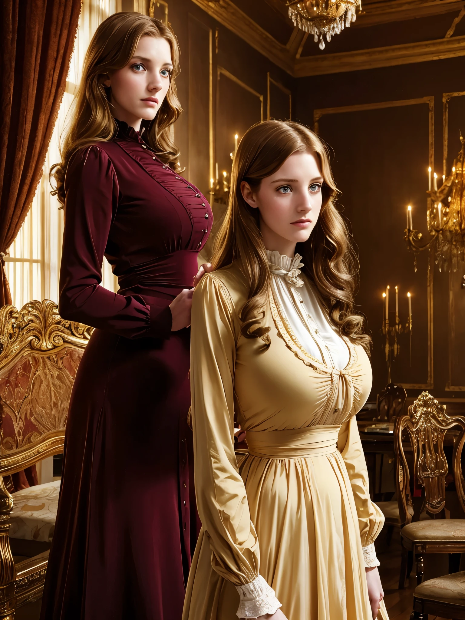 1girl, [[sepia color]], looking aside, medium cowboy shot, [angled view], (candid), joy, fun, (young Jessica Chastain:0.75), (extremely tall busty skinny araffe slim young Irish woman), 20 years old, beautiful symmetric eyes, conservative plain Victorian clothing, extremely long wavy hair, symmetric heavy colossal massive breasts, massive vast 1850's ballroom