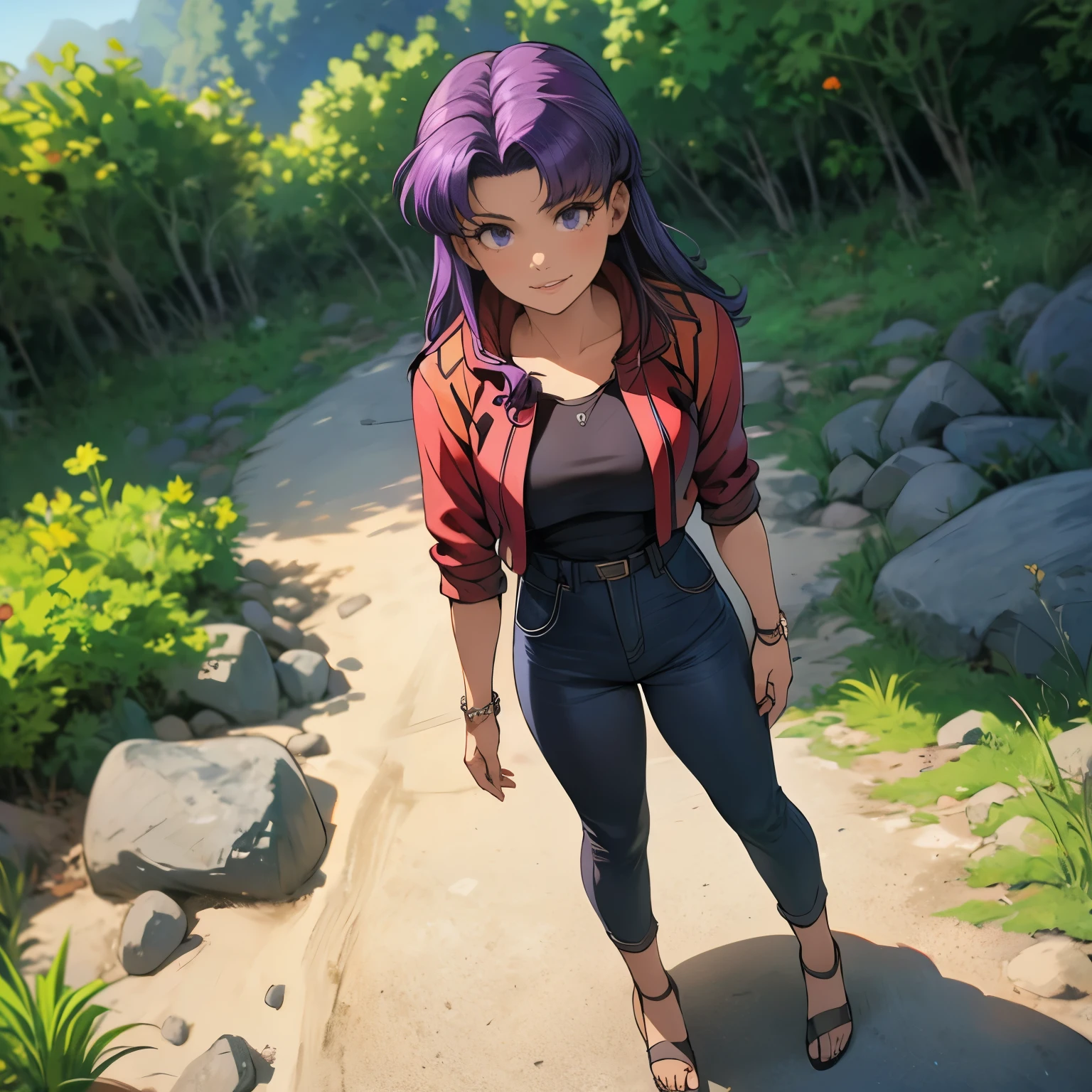 misato katsuragi, long hair, purple hair, (masterpiece), best quality, 1girl, expressive eyes, perfect face, (purple hair), perfect anatomy, full body, 4k, HDR, full HD, solo, (masterpiece), best quality, 1girl, expressive eyes, perfect face, (purple hair), perfect anatomy, full body, 4k, HDR, full HD, alone, she is an adventurous girl, she explore the Amazon jungle,