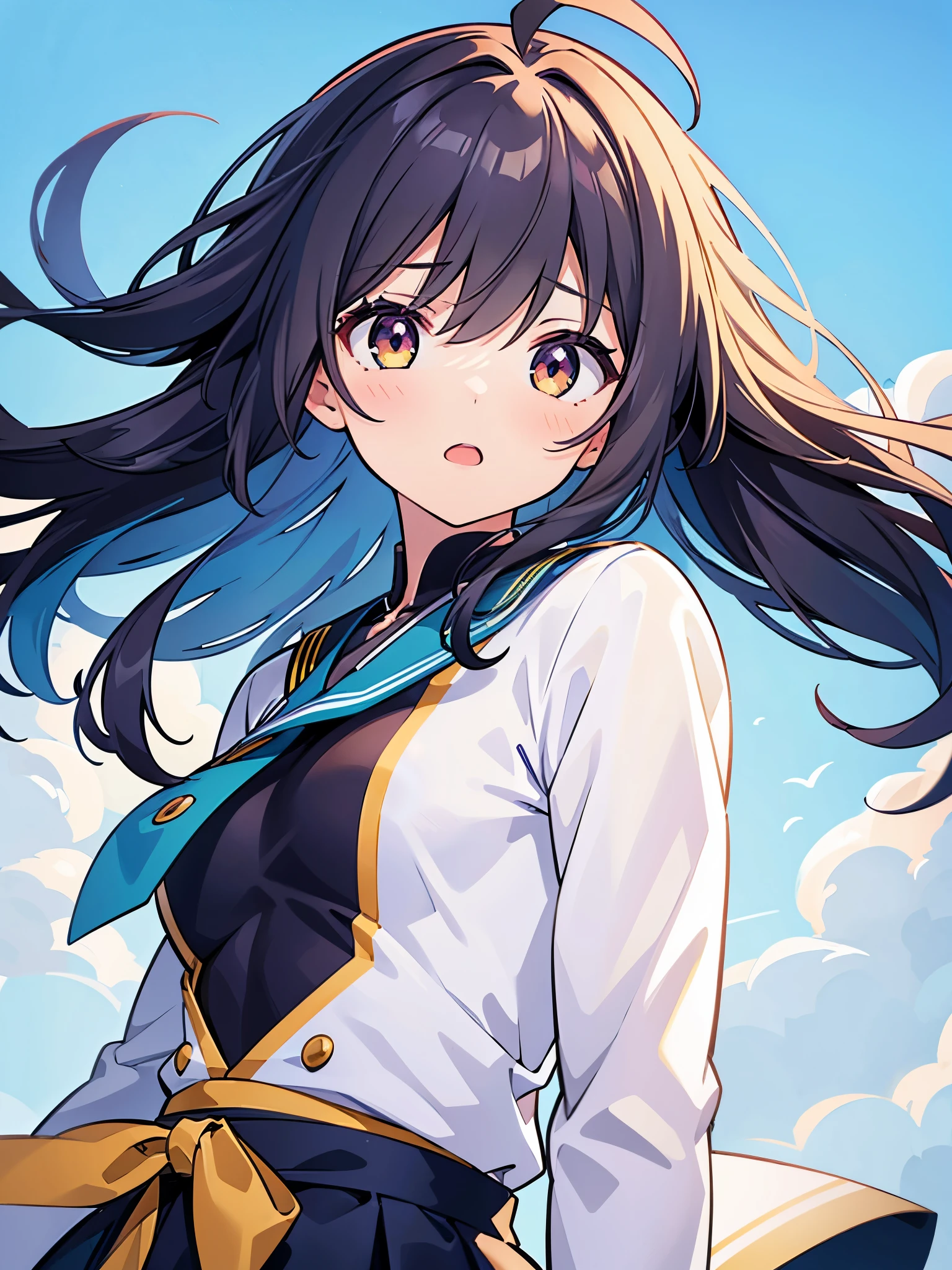 best quality, extremely detailed, anime style adult 1girl, long hair down to the waist, straight hair, ((dark black hair with bluish)),crown braid,beautiful detailed eyes, pinched eyes, dark blue eyes, huge breasts,curvy,(((jockey's racing uniform))),longskirt,((feather accessory)),((foppery shoes)),((((light smile)))),((((grassland)))),animation cap,animated gif,in umamusume style
