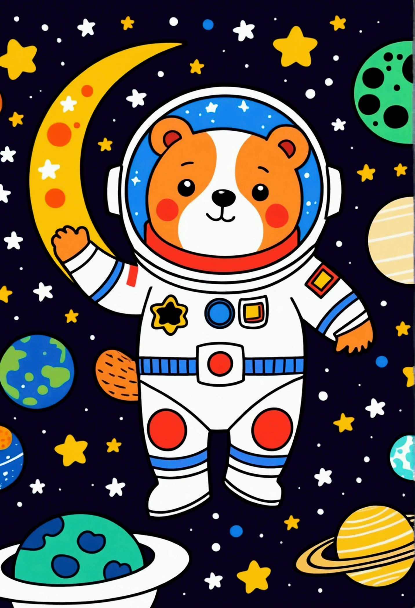 cartoon bear In space suit flying over a moon with stars, In the starry sky, a panda In space, In outer space, dog in space suite, In space, Colorful book illustration, cute astronaut sticker art, astronaut In space, Clothed in stars and planets, shiba inu astronaut, In deep space, astronaut, star, astronaut