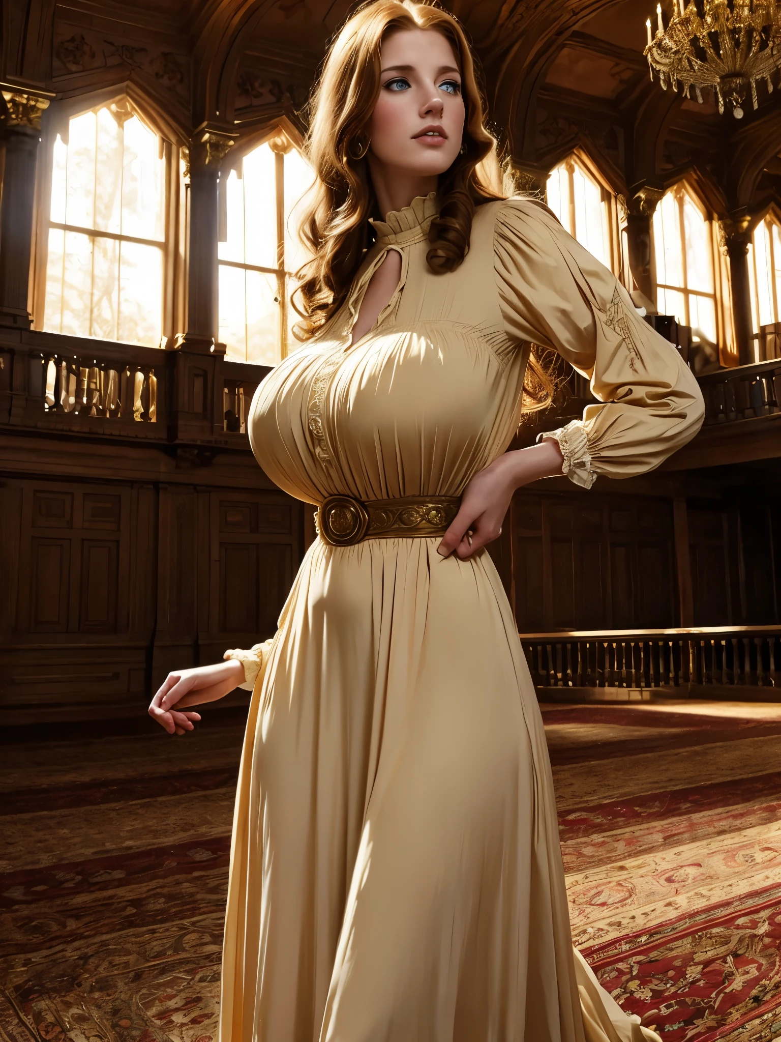 [low angle], [[sepia color]], looking aside, medium cowboy shot, [angled view], (candid), joy, fun, (young Jessica Chastain:0.75), (extremely tall busty skinny araffe slim young Irish woman), 20 years old, beautiful symmetric eyes, conservative plain Victorian clothing, extremely long wavy hair, symmetric heavy colossal massive breasts, massive vast 1850's ballroom