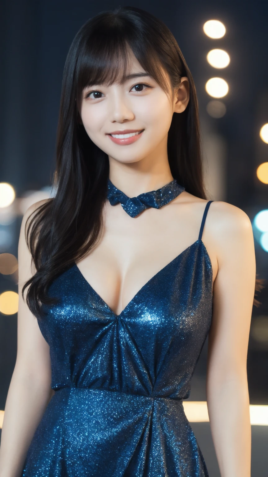 1girl,(wearing a blue glittery evening mini dress:1.4),(RAW photo, best quality), (realistic, photo-realistic:1.4), masterpiece, an extremely delicate and beautiful, extremely detailed, 2k wallpaper, Amazing, finely detail, extremely detailed CG unity 8k wallpaper, ultra-detailed, highres, soft light, beautiful detailed girl, extremely detailed eyes and face, beautiful detailed nose, beautiful detailed eyes,cinematic lighting,city lights at night,perfect anatomy,slender body,light smile,close up,(long hair with bangs), big breast:1.1