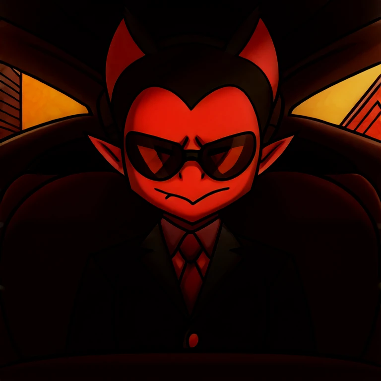 Imp wearing a black suit, and black and and black sunglasses, serious face, inside a car, street background