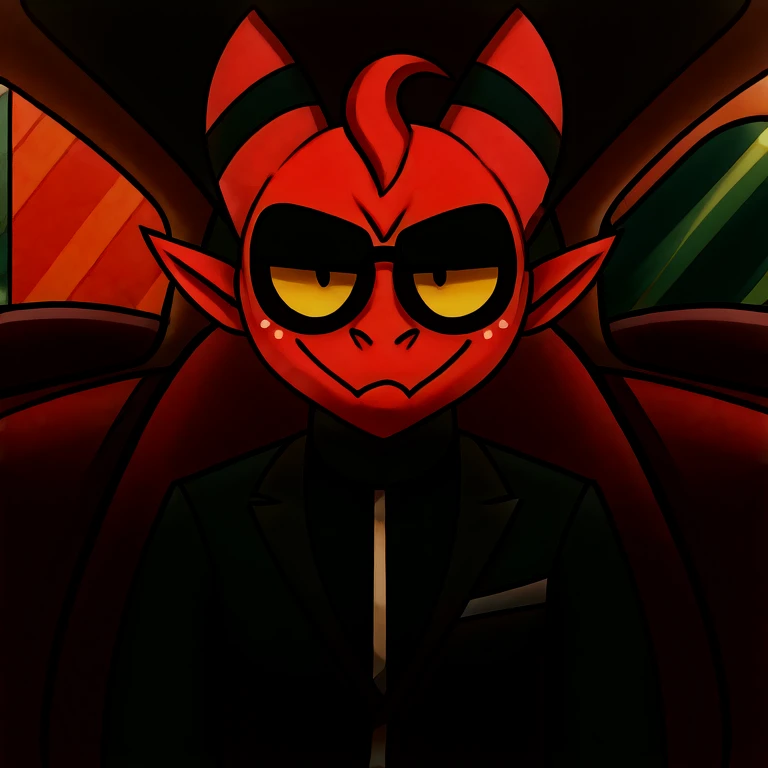 Imp wearing a black suit, and black and and black sunglasses, serious face, inside a car, street background