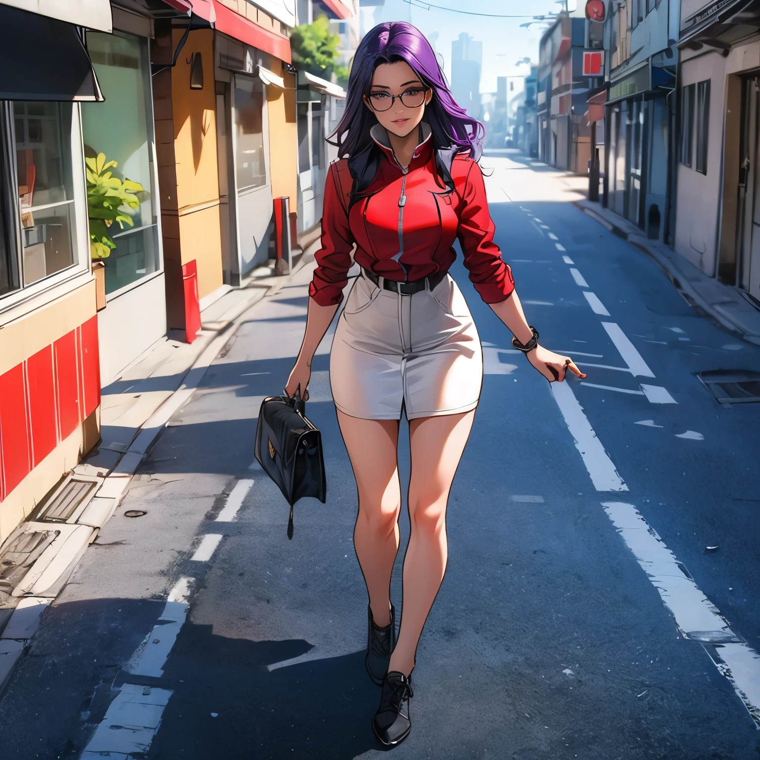 (masterpiece), best quality, 1girl, expressive eyes, perfect face, (purple hair), perfect anatomy, full body, 4k, HDR, full HD, alone, wears a white dress up to her knees, wears black sneakers, on top of the dress She is wearing a red bolero, she is wearing dark glasses, her lips are painted deep red, she is walking on the street,