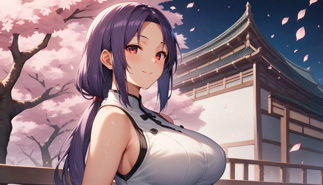 Score_9, Score_8_up, Score_7_up, One Girl,smile, Hirokazu Koyama ,Sweaty,sexy,Pixel Perfect,Large Breasts,Anatomically correct, 名作非常にdetailed,8k, (background,Cherry blossoms at night,detailed),(Fits your body,White rider suit,Sleeveless),, Red eyes, ( Long Hair, Purple Hair, Parted bangs,Low Ponytail, ), Let&#39;s take a look, Show off your sides,Cowboy Shot, Standing,Rin々smile